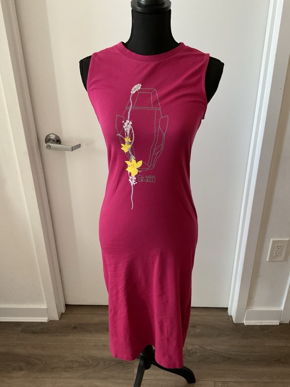 Roberto Cavalli Class Pink Floral Graphic Jersey Dress Size Small